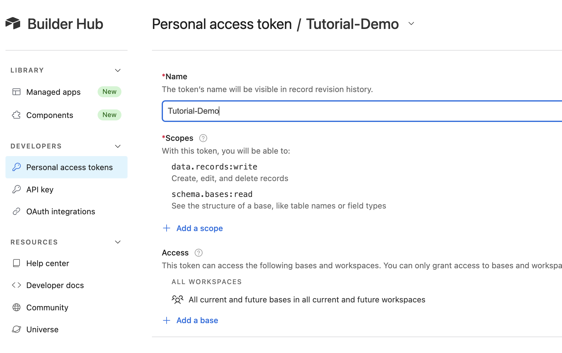 Screenshot zeigt den Airtable API Token Erstellungsvorgang