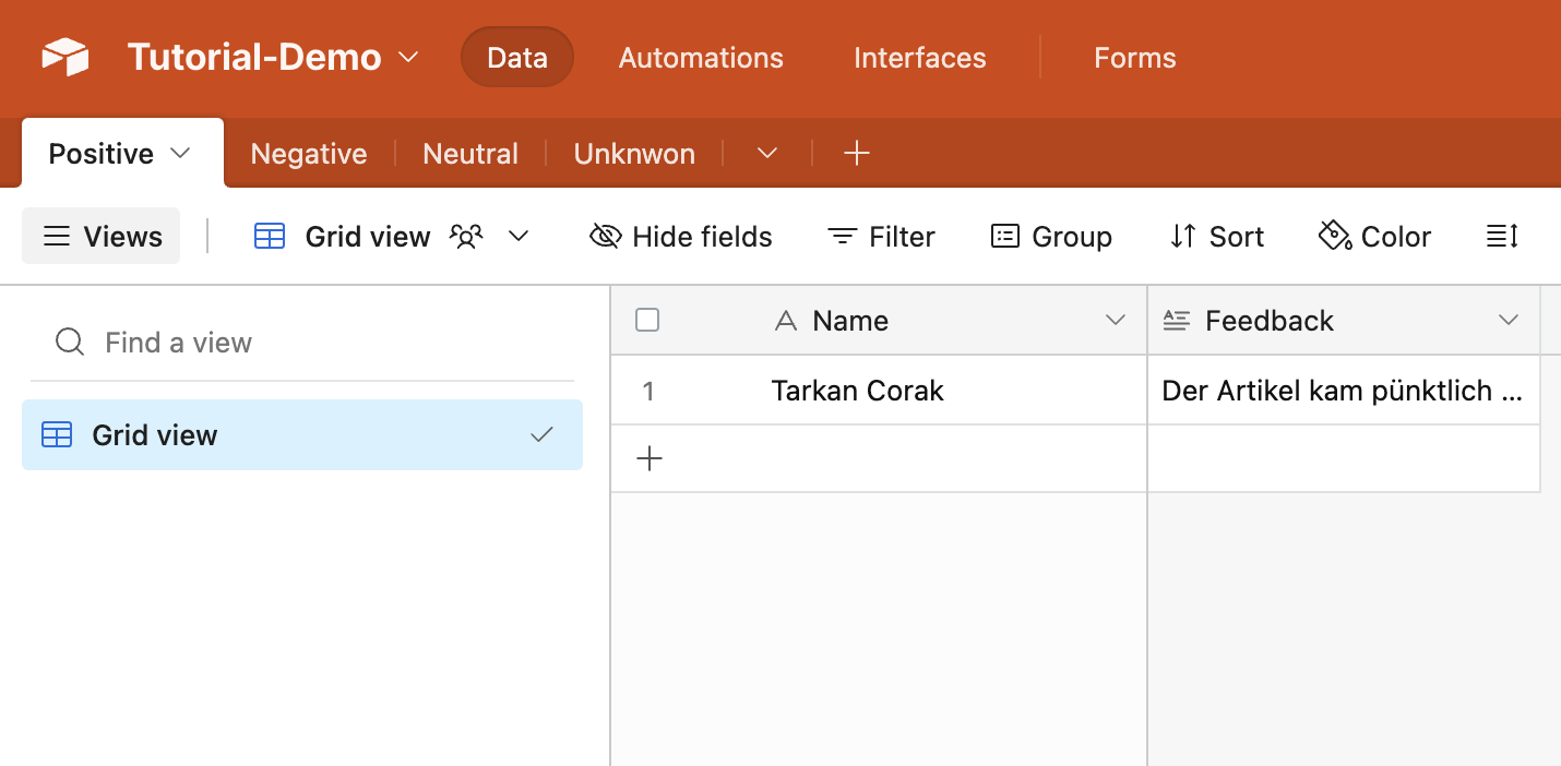 Airtable-Interface mit erstellten Tabellen Positive, Negative, Neutral, Unknown
